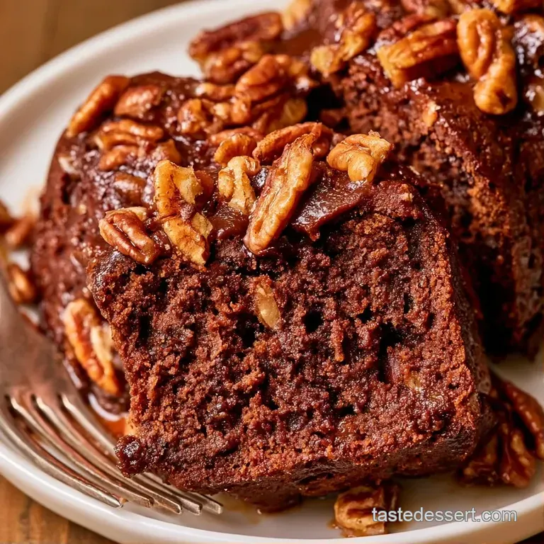 A slice of rich, dark chocolate cake with crunchy pecan bits on a minimalist white plate beside a silver fork.