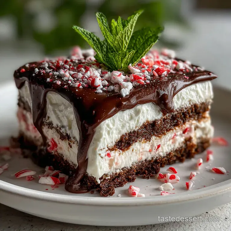 Slice of layered chocolate peppermint dessert with creamy filling and candy pieces, presented on a white plate with cocoa ...