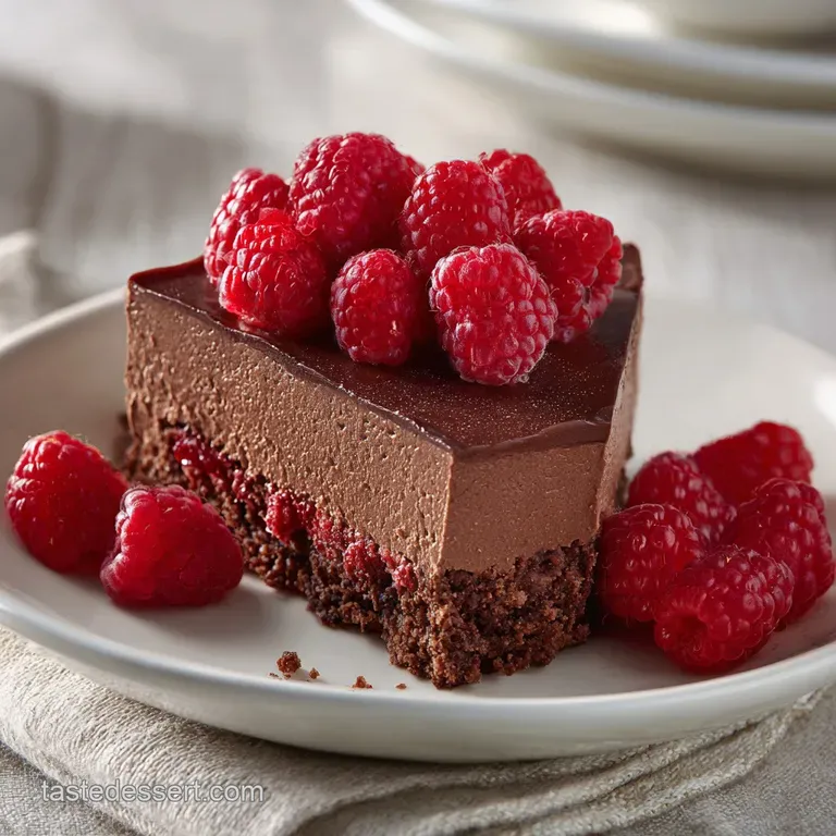 Elegant slice of chocolate raspberry mousse cake revealing distinct layers. Garnished with a single fresh raspberry and de...