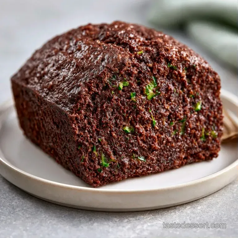 A square slice of rich, dark brown cake on a marble slab, paired with a dollop of whipped cream and a mint leaf.