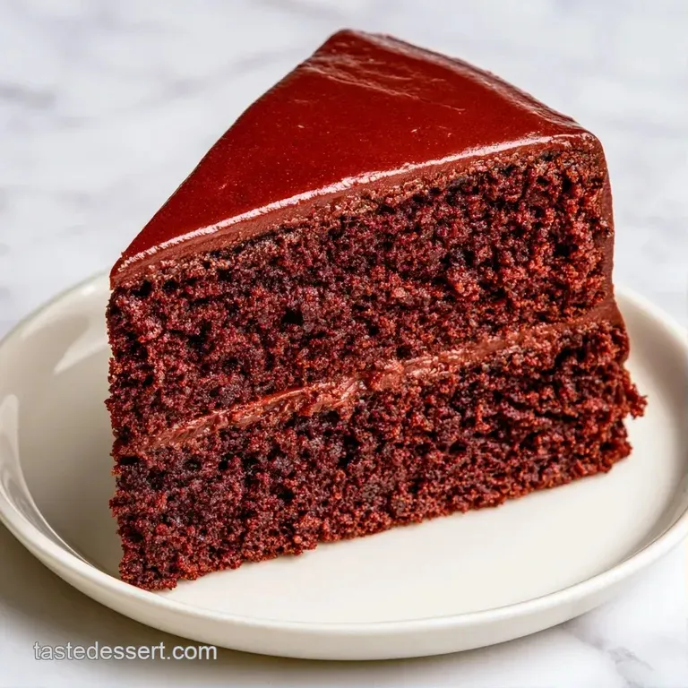 A slice of dark chocolate cake on a white ceramic plate with a drizzle of glossy ganache and fresh raspberries.