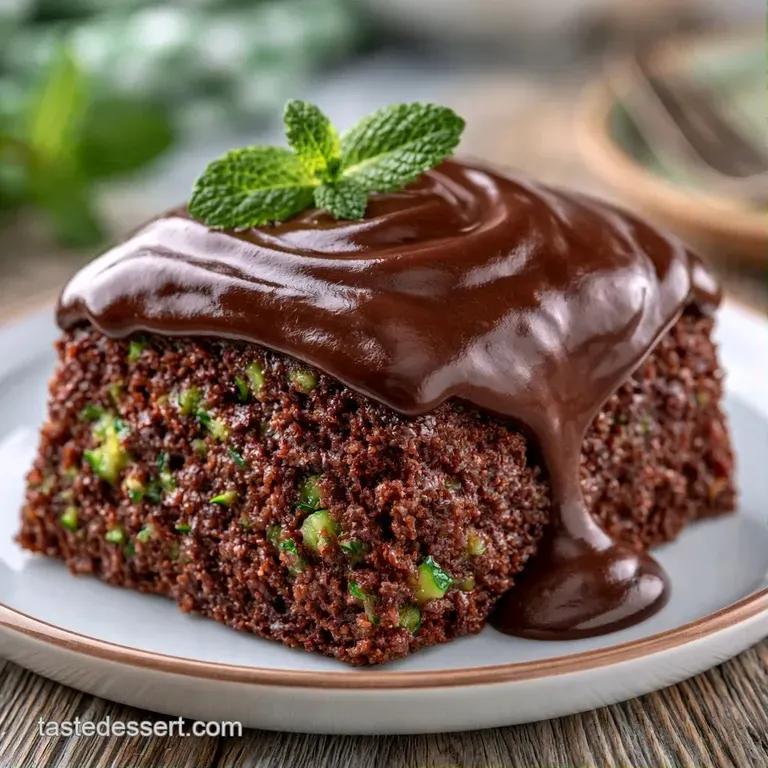 A slice of moist, dark brown cake on a ceramic plate, garnished with a dusting of sugar and fresh berries.