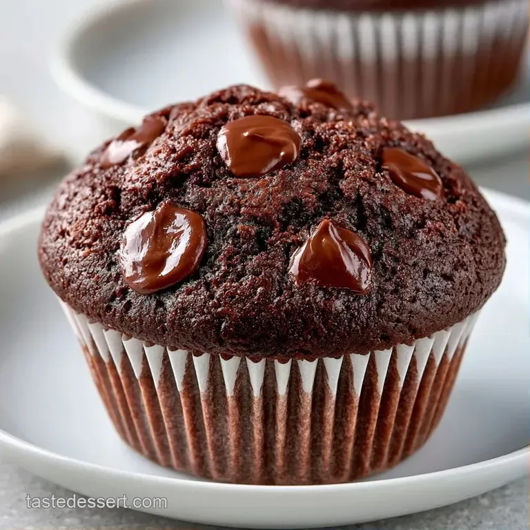 Rich dark brown muffins stacked on a white ceramic plate, garnished with fresh raspberries and a light dusting of sugar.