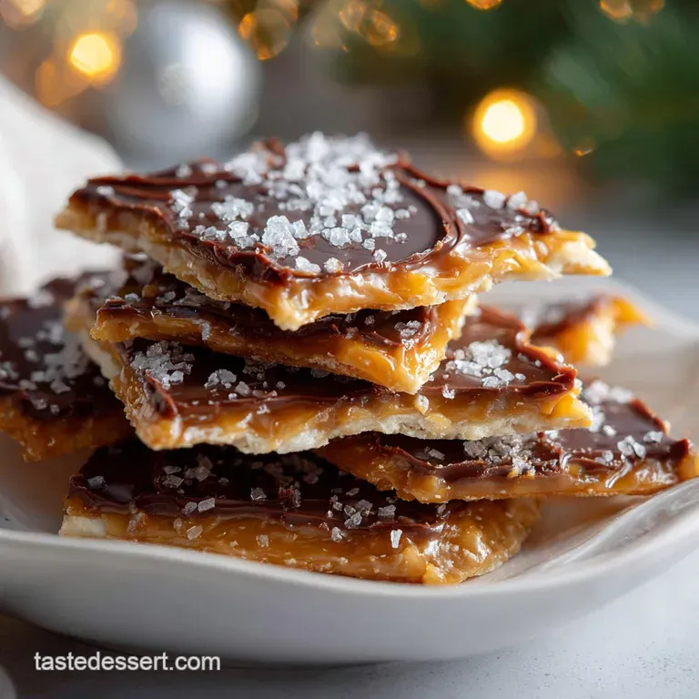Elegant platter of shiny, salted toffee cracker squares. Dark chocolate swirls and chopped nuts create tempting layers.
