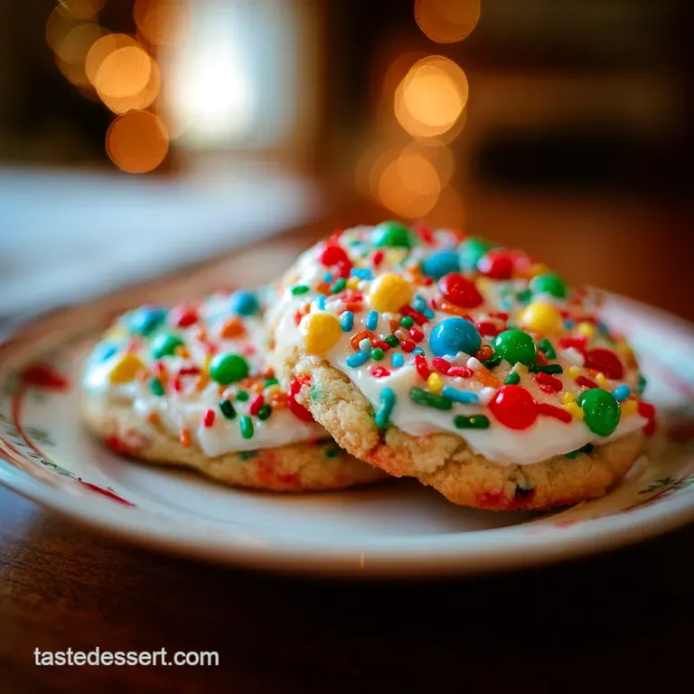 Elegant Christmas light cookies arranged on a white plate. Smooth meringue contrasts with sparkling sugar sprinkles and bu...