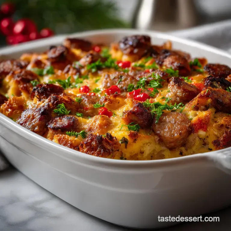A generous serving of the casserole, showcasing fluffy bread cubes, melted cheese, and a hint of fresh parsley on a white ...