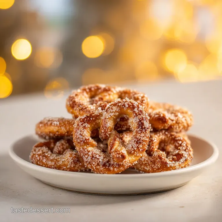 Festive pretzel hugs arranged on a white plate. Melted chocolate glistens, enticing with a sweet and salty treat.