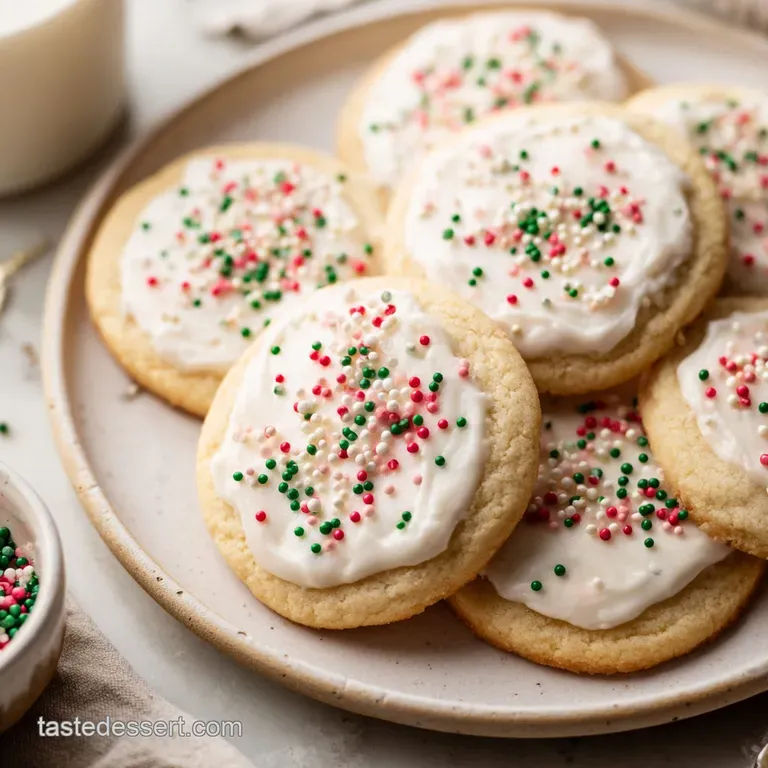Stack of pale gold cookies on a white ceramic platter, accented by a red velvet ribbon and fresh green holly leaves.