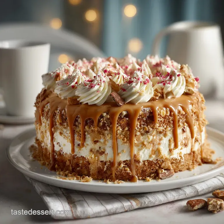 Slice of layered toffee cake on a plate, glistening frosting, crunchy toffee, inviting textures, hint of powdered sugar sn...