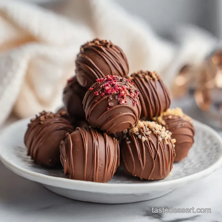 Elegant dark chocolate truffles dusted with cocoa and glistening sugar powder on a shiny plate; festive and tempting dessert.