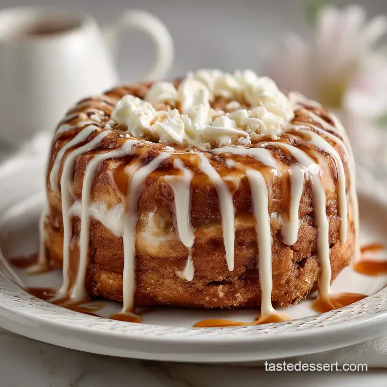 A slice of frosted cinnamon swirl cake on a plate, fork resting beside it. Soft, moist texture with a sugary glaze gleam.