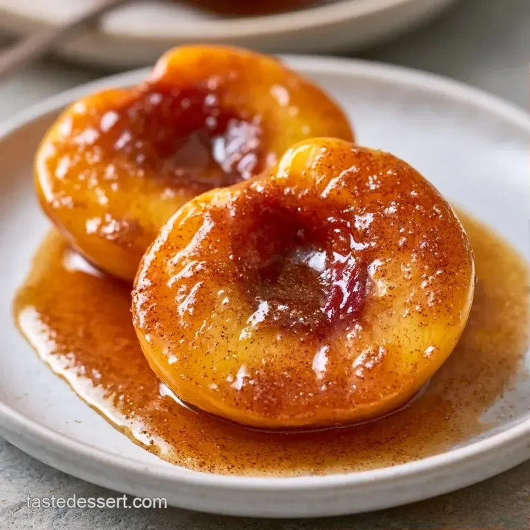 Warm, caramelized peach slices arranged neatly on a white plate, glistening with a cinnamon-infused sugar glaze.