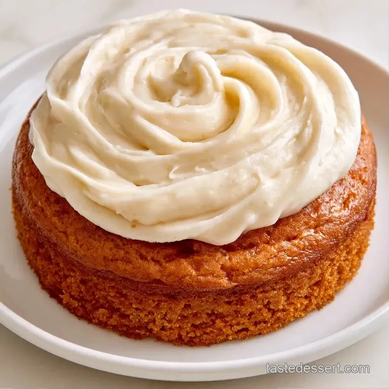 A neat slice of spiced amber cake on a white ceramic plate, paired with a swirl of cream and a cinnamon stick garnish.
