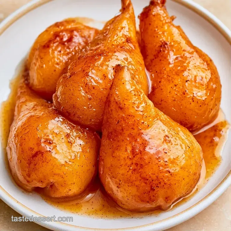 A whole golden-hued pear standing upright in a shallow pool of shimmering honey syrup on a minimalist ceramic dish.