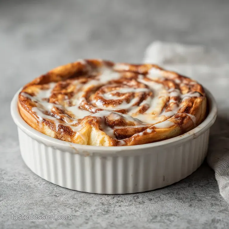 A slice of marbled cinnamon roll cheesecake, drizzled with white glaze, rests on a white plate with a fork.