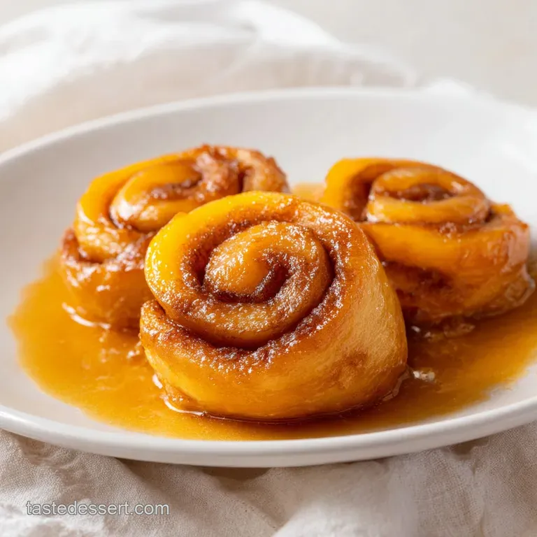 Warm, bubbly orange peaches paired with a glazed golden dough swirl and melting vanilla ice cream on a plate.