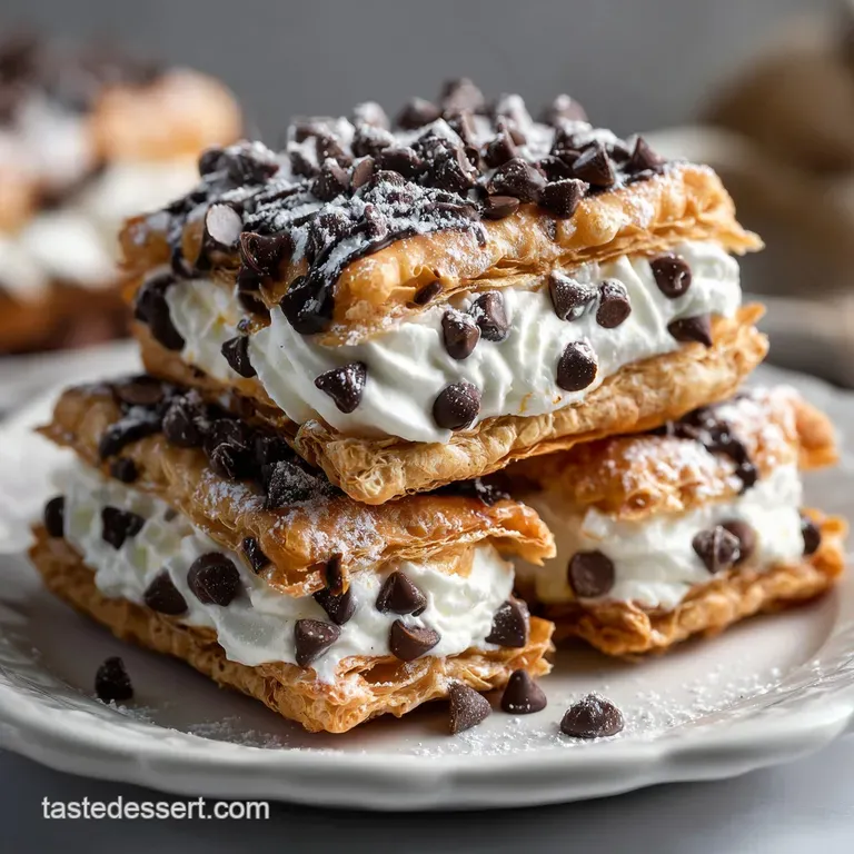 Elegant slice of cannoli square, creamy filling peeking out, garnished with pistachios, and drizzled with rich chocolate s...