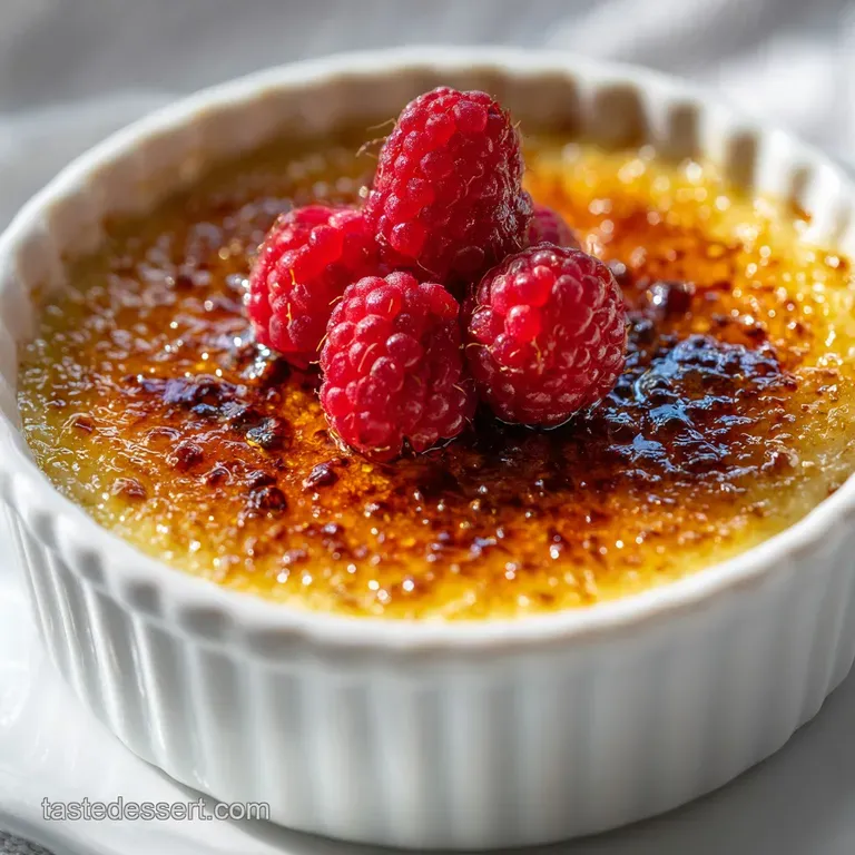 Elegant cr&egrave;me br&ucirc;l&eacute;e, its glossy, torched top reflecting light, garnished with delicate berries and a sprig of fresh mint.