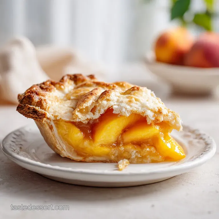 A slice of warm peach pie, golden brown, served with a dollop of melting vanilla ice cream.