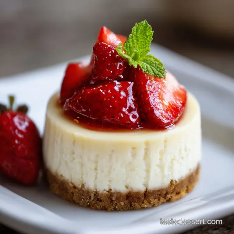 Slice of rich cheesecake on a white plate, drizzled with berry sauce and garnished with mint, showing a decadent dessert.