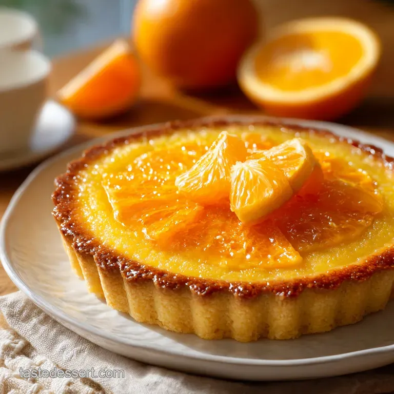 Slice of bright orange tart on a white plate. Shavings of orange zest add fragrance to the smooth, silky custard.