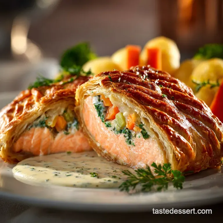 Salmon Wellington: the Ultimate Classic Recipe with Earthy Duxelles Filling presentation