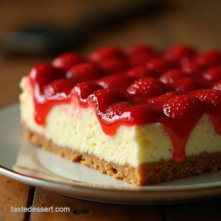 The Golden Crumb Classic New York Cheesecake with Silky Strawberry Topping presentation