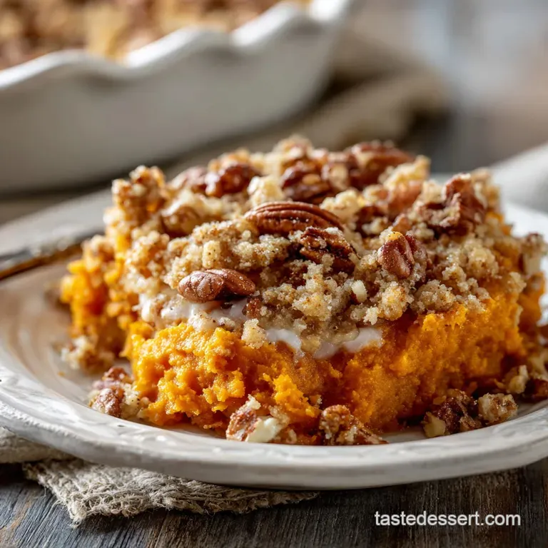 Slice of sweet potato casserole plated; fluffy marshmallows browned to perfection, alongside a dollop of whipped cream.