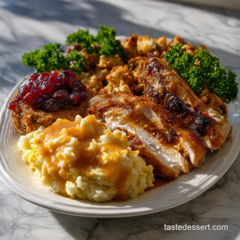 Elegant plate featuring a slice of turkey with glistening skin, alongside creamy mashed potatoes, cranberry sauce, and a s...