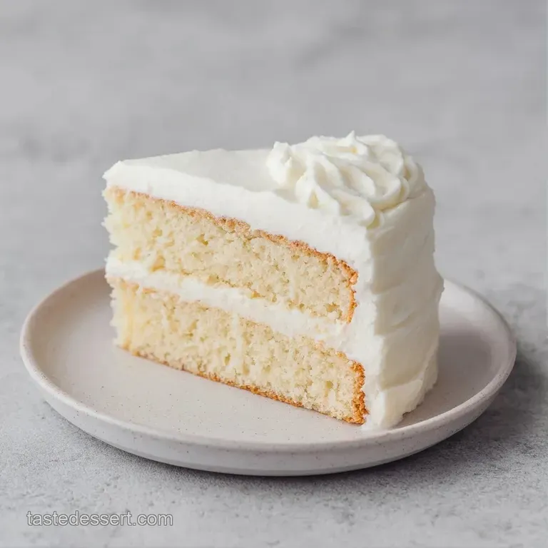 A slice of fluffy white cake on a porcelain plate, topped with a swirl of creamy frosting and a fresh mint leaf.