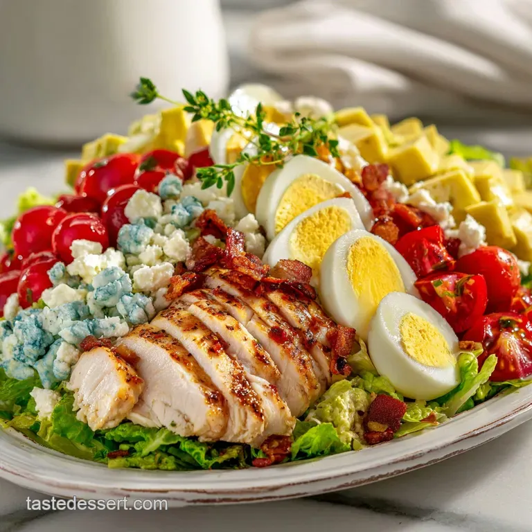 Perfectly plated Cobb salad with neat rows of vibrant ingredients; a colorful, appetizing display with visible fresh textu...