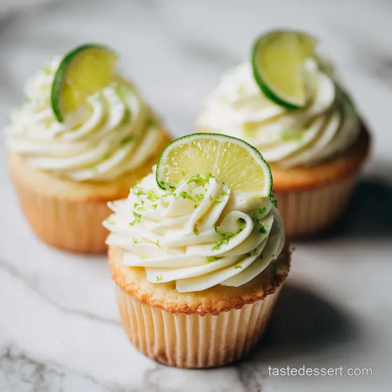 A trio of coconut lime cupcakes elegantly displayed on a vintage plate, the creamy frosting catching the light, hints of g...