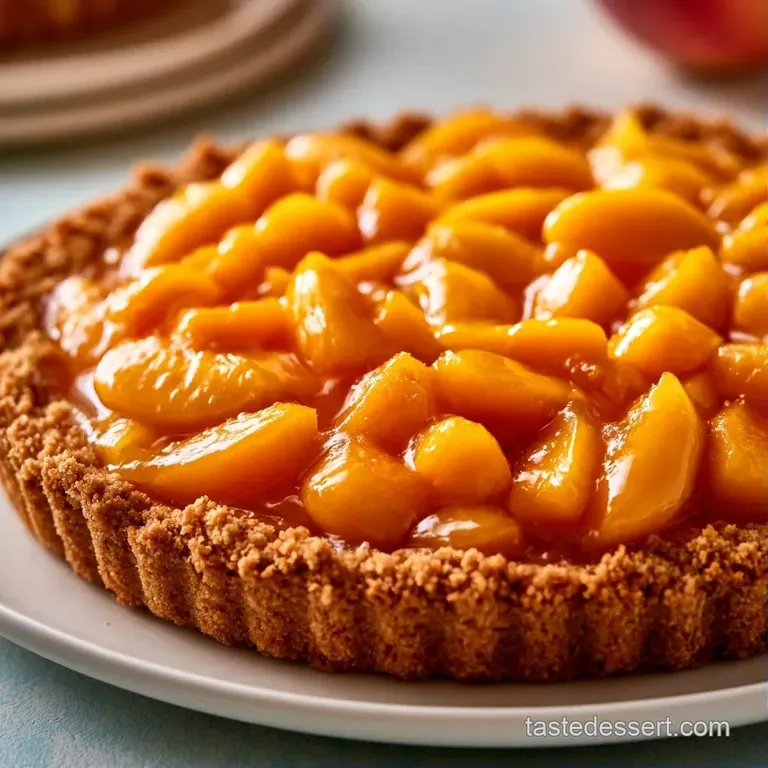 Slices of ripe golden peaches layered with velvet cream and topped with a sprig of mint on a white porcelain plate.