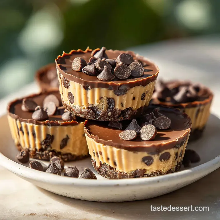 Chocolate chip cookie dough cups arranged on a wooden board, garnished with chocolate shavings and powdered sugar.