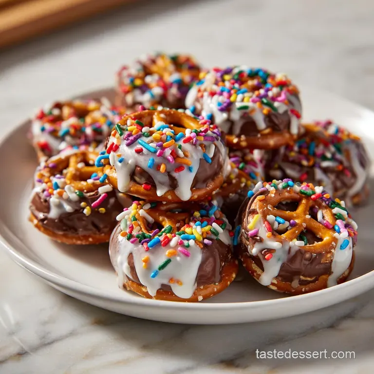 Stacked pretzel bites with soft cookie dough, drizzled chocolate, powdered sugar on white plate. Inviting dessert.
