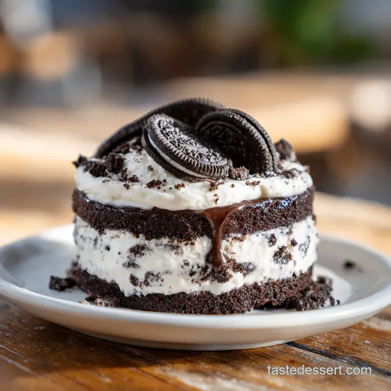 Slice of cookies and cream cake on a plate, frosting swirls, cookie pieces, and a dusting of powdered sugar.