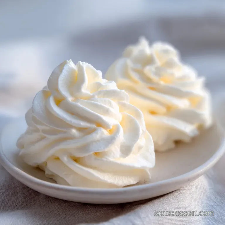 A slice of cake topped with a tall, piped swirl of snowy white cream and a single bright red raspberry on top.