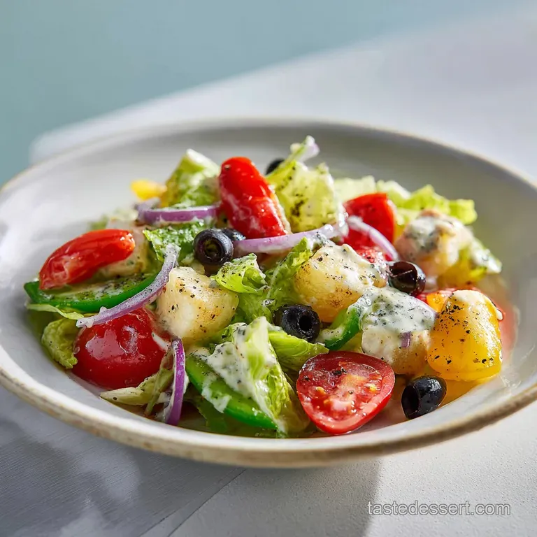 Glass cruet filled with golden, herb-flecked Italian dressing beside a bowl of verdant salad, hinting at a fresh, homemade...