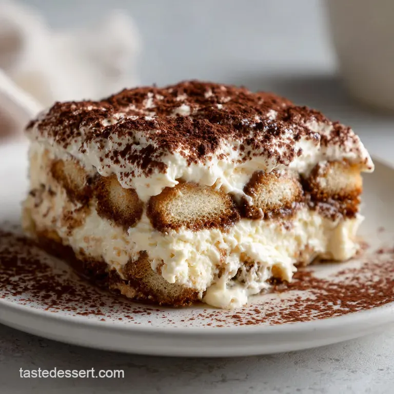 Elegant dessert plate featuring a creamy white tiramisu, cocoa powder dusting, and a garnish of dark chocolate shavings, r...