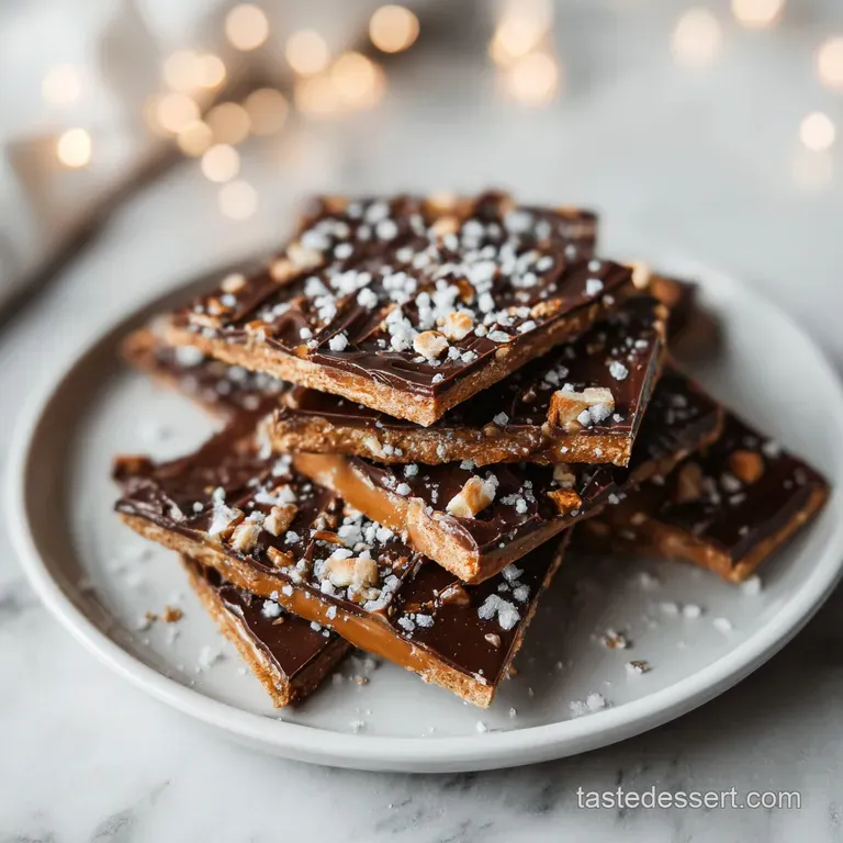 Individual pieces of crisp cracker toffee, drizzled in chocolate, displayed on a white plate with a dusting of cocoa powder.