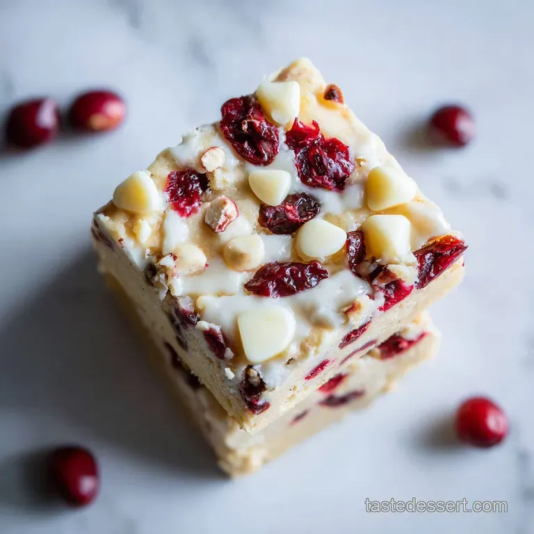 A square bar with a crumbly texture, topped with swirls of white chocolate and dried cranberries