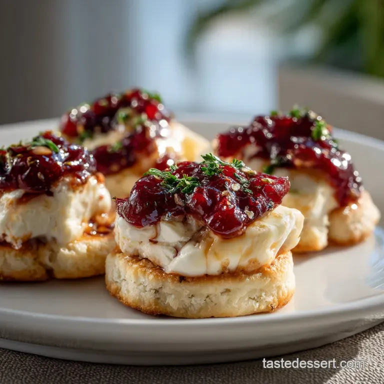 Elegant arrangement of baked brie and cranberry bites on a wooden serving board, garnished with fresh rosemary sprigs. War...