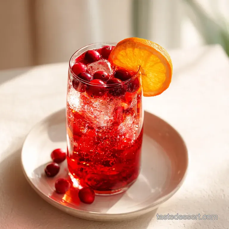 Elegant sparkling red drink in a crystal flute with a fresh rosemary sprig and orange peel on a white table.
