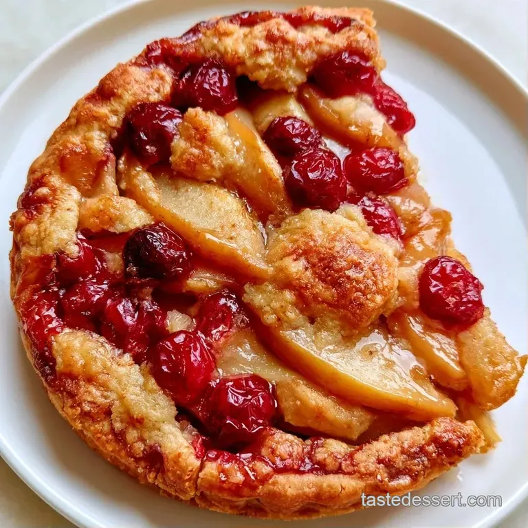 A warm slice of fruit tart with crimson berries and tender pears, topped with a dollop of melting vanilla cream.