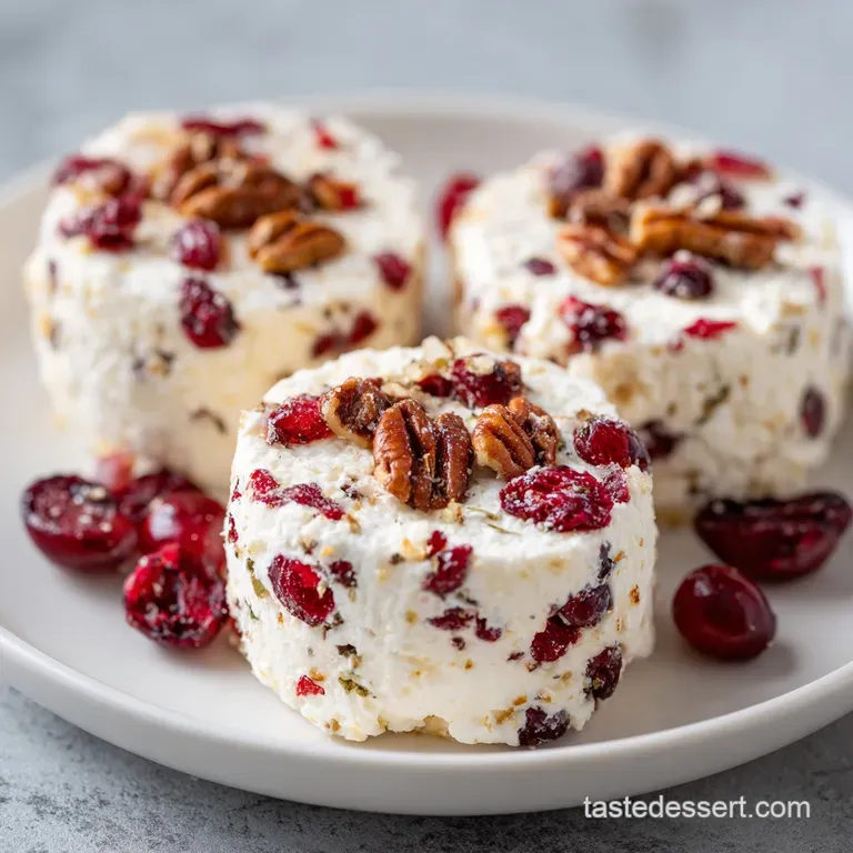 Spherical creamy dip covered in toasted chopped pecans and red cranberries, surrounded by golden crisp crackers.