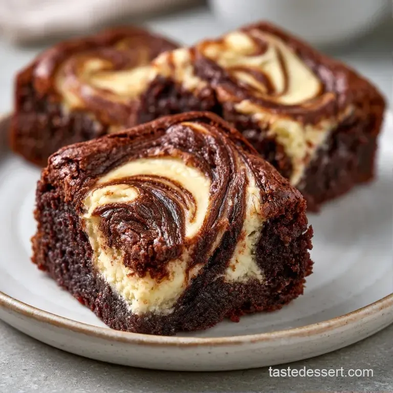 A square of dark chocolate fudge with white swirls, dusted with powdered sugar on a clean white ceramic plate.