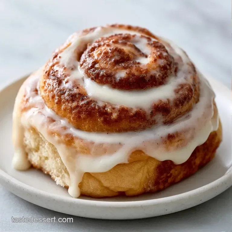 A single spiraled pastry on a white ceramic plate, drizzled with ivory frosting and a dusting of cinnamon.
