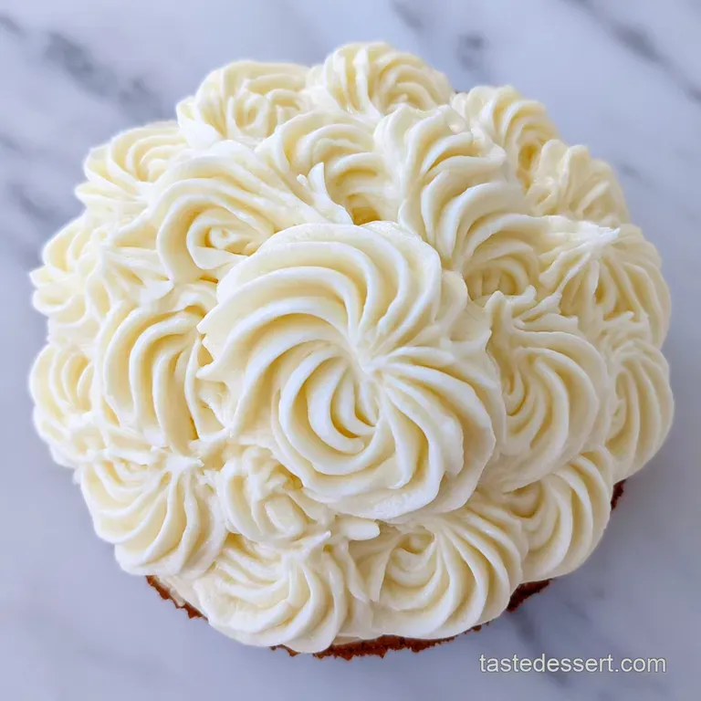 Perfectly piped swirls of thick, snowy white frosting atop a moist cake slice on a white porcelain plate.