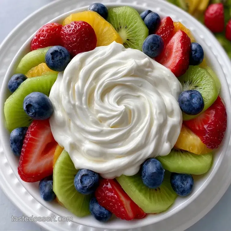 A smooth white dip centered on a white platter, surrounded by a vibrant ring of sliced kiwi and fresh strawberries.