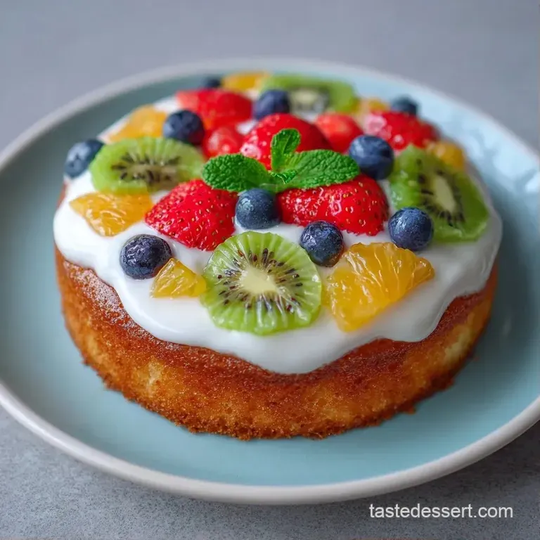 Neatly sliced dessert on a marble platter, showing layers of white cream and bright, glossy sliced tropical fruits.